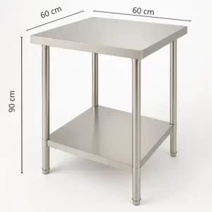 Mesón central de acero inoxidable 304 con doble repisa 60x60