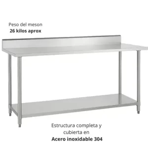 Mesón mural de acero inoxidable con repisa inferior 180x60x90