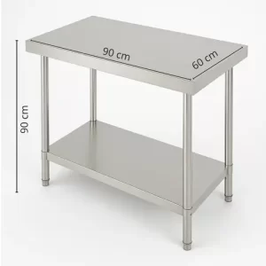 Mesón central de acero inoxidable 304 con doble repisa 90x60X90