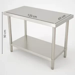 Mesón central de acero inoxidable 304 con doble repisa 120x60x90