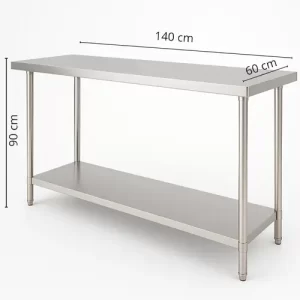 Mesón central de acero inoxidable 304 con doble repisa 140X60X90