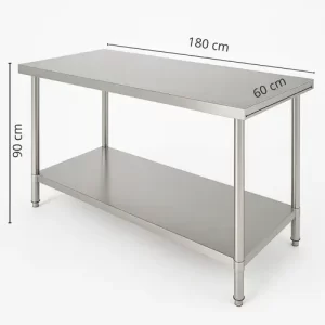 Mesón central de acero inoxidable 304 con doble repisa 180x60x90